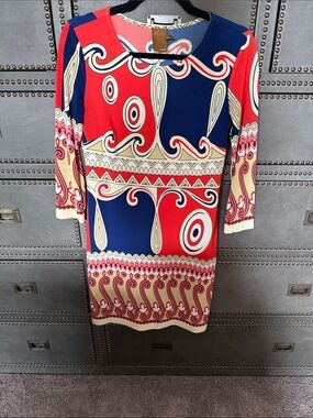 Ali Ro Red, Navy & Cream Printed Long Sleeve Dress